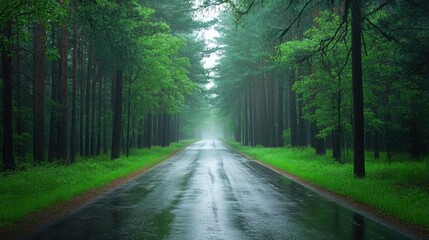 Fototapeta premium Quiet road after rain in pine forest, fresh and rejuvenating