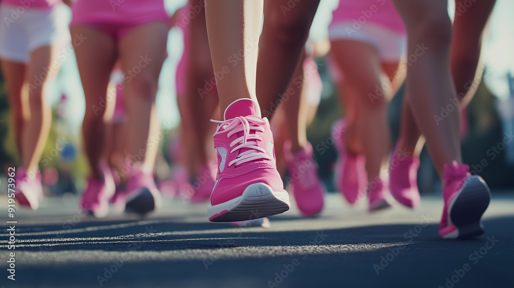 Wall mural women running together in pink shoes at a breast cancer awareness marathon, celebrating strength, so