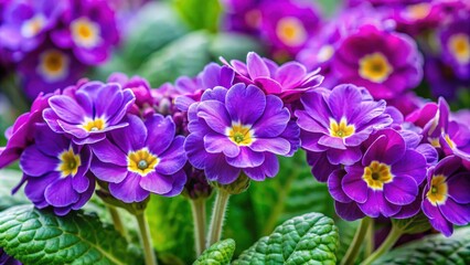 Obraz premium Close-up of purple primula denticulata flowers in garden with green leaves background, purple