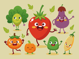 Vegetable character. Cartoon retro mascot vegetables. Funny green vitamin plant food, cute tomato, running pumpkin, healthy eggplant, nature avocado. Vector set
