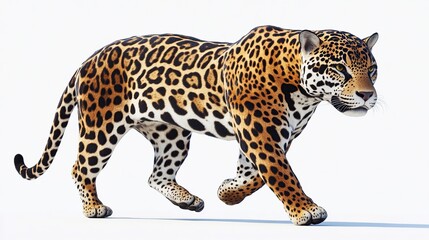Obraz premium A majestic jaguar walks with a powerful and graceful stride, its spotted coat contrasting against a white background.