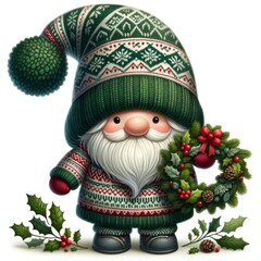 Fototapeta premium Garden gnome with blue hydrangea flowers. Watercolor illustration.