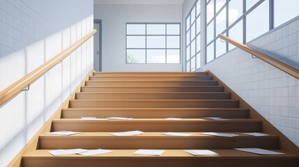 Anime style school stairs with scattered papers and sunlight streaming through a nearby window capturing the quiet between classes school life detail