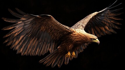 A majestic golden eagle in flight with its wings spread wide against a black background.