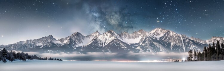 Obraz premium Snow-Capped Mountains Under Starry Sky at Night in Winter Landscape