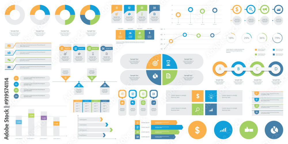 Fototapete set business infographic design. with graph chart timeline and option process steps for presentation. flat vector illustration design element  

