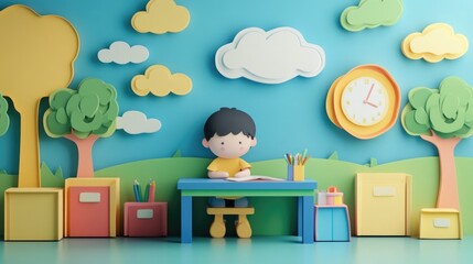 Student in School, Back to School in Paper Cut Style Illustration
