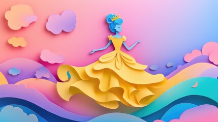 Obraz premium Queen in Paper Cut Style Illustration with Whimsical Background