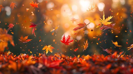a beautiful autumn scene with a variety of colorful leaves falling through the air. The leaves are in shades of red, orange, yellow, and brown, creating a warm and vibrant atmosphere