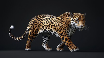 Fototapeta premium A majestic jaguar with a spotted coat walks on a black background.