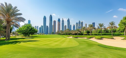A golf course with a beautiful view of the Dubai skyline. Green grass, palm trees and skyscrapers.