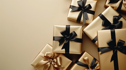 A flat lay arrangement of gold gift boxes tied with black ribbons on a beige background. The composition is modern and luxurious, ideal for high-end celebrations.