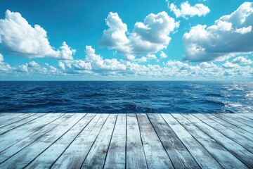 Wooden Deck Overlooking the Vast Ocean: A serene image of a weathered wooden deck overlooking a boundless expanse of azure water, punctuated by fluffy white clouds in a vibrant blue sky. It evokes tra