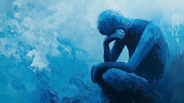 Abstract painting of a person feeling lonely, isolated and blue, cool tones, abstract shapes