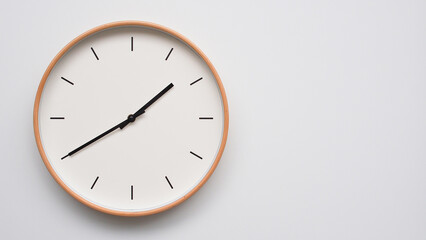 Minimalist wooden Wall Clock on White Wooden Surface with Space for Text – Time Set at 13.40/01.40