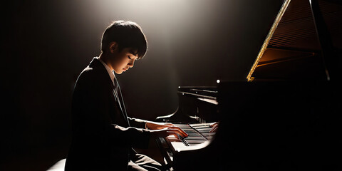 Asian Teenager Focused on Playing Piano, Passionately Creating Music