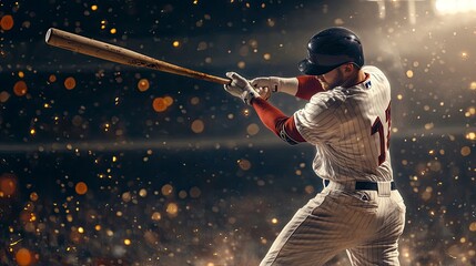 Color photo of a baseball player hitting a home run, dynamic swing with a focused expression, outdoor stadium, evening light, photorealistic