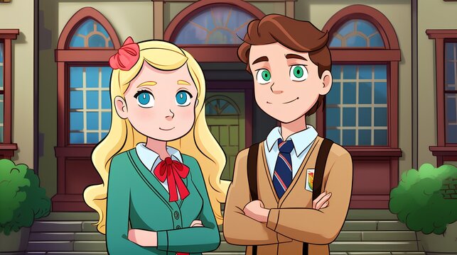 an animated drawing of two characters standing side by side in front of a building that looks like a school. The character on the left is a blonde girl with long hair - Powered by Adobe