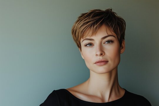 Portrait of a confident woman with short layered pixie haircut against a muted background, concept of modern beauty