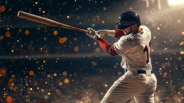 Color photo of a baseball player hitting a home run, dynamic swing with a focused expression, outdoor stadium, evening light, photorealistic