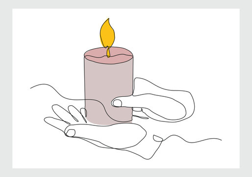 recommend clip art: Continuous single line sketch drawing of hand holding aromatic therapy romantic burning candle light in glass jar. One line art of people carrying beautiful spa candle relaxation vector illustration