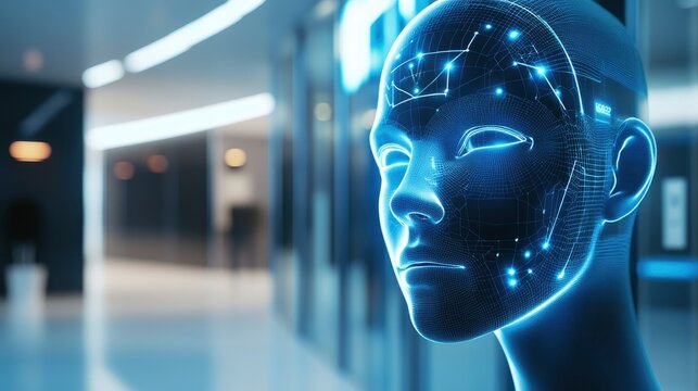 Color photo of a facial recognition scanner, sleek surface with a glowing sensor, placed in a corporate lobby, cool white lighting, photorealistic