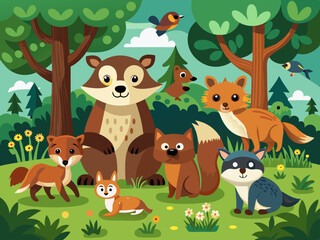 Cartoon forest animals. Summer woodland with bear, fox and wolf, hare and beaver in stream, squirrel and badger, owl and woodpecker, snake. Trees and bushes. Vector illustration
