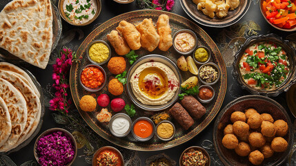 Fototapeta premium A flat lay of traditional Ramadan foods Islamic Ramadan