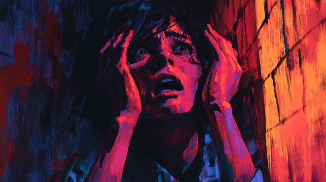 Digital illustration of a person feeling scared, anxious and frightened, dark alley, dramatic colors