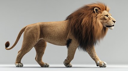 A majestic lion with a thick mane walks confidently towards the right.