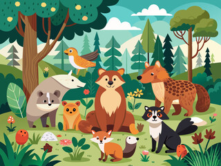 Cartoon forest animals. Summer woodland with bear, fox and wolf, hare and beaver in stream, squirrel and badger, owl and woodpecker, snake. Trees and bushes. Vector illustration
