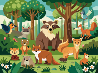 Cartoon forest animals. Summer woodland with bear, fox and wolf, hare and beaver in stream, squirrel and badger, owl and woodpecker, snake. Trees and bushes. Vector illustration
