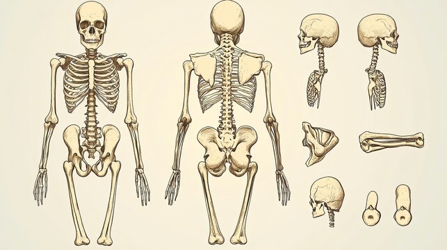 Illustration of a human skeleton, detailed bone structure, labeled parts, clean and educational style