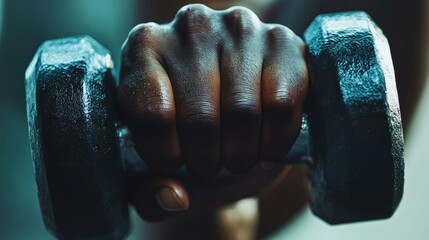 Macro photo of a person's hand lifting a dumbbell, detailed and strong, natural light