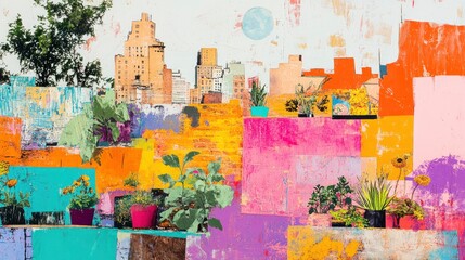 Mixed media collage of urban gardening, rooftops and plants, eclectic and creative, bright and sunny