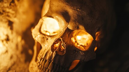 A human skull with warm light shining from within, captured up close to evoke a sense of mystery and intrigue.
