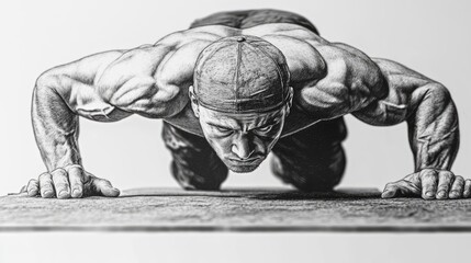 Pencil sketch of a person doing push-ups, focused and strong, home gym, detailed shading