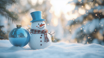 Obraz premium Adorable Snowman and Blue Christmas Bauble Nestled Among Snowy Pine Branches