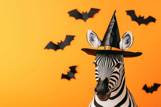 Closeup of zebra wearing witch hat with bats on orange background, concept of Halloween humor and fun