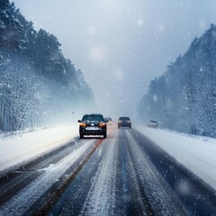 snowy blizzard on road with cars extreme winter weather conditions transportation concept photo