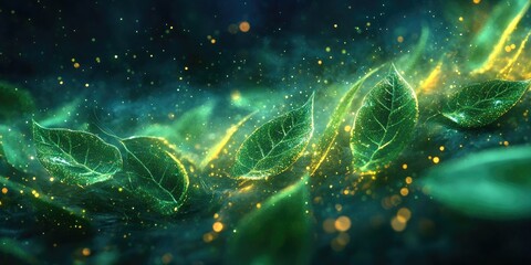 Green Leaves with Golden Glitter and Smoke