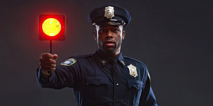 African American Police Officer in Uniform, Directing Traffic with Handheld Sign
