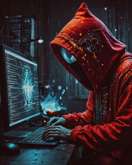 A man in a red hoodie working on a laptop with the word hacker on it.