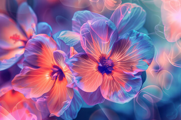 Abstract neon background with transparent flowers in violet, orange, purple colors