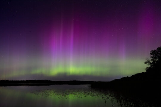 Vibrant Aurora Borealis Over Typo Lake in Stacy, Minnesota - A Serene Nightscape of Dancing Lights and Reflections