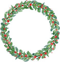 Christmas Wreath and Red Holly Berry Watercolor