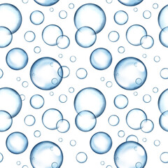 Bubbles, seamless pattern. Watercolor illustration. Soap bubble, cleanliness and skin care concept. SPA and cosmetology. Round foam balls. Ornament for background, packaging, textile, wallpaper