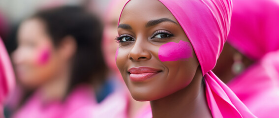 Happy African American woman in pink bandana supporting breast cancer awareness with a group of diverse women in solidarity.
