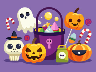 Halloween bucket with sweets. Trick or treat. Pumpkin buckets with candies, cat pack with lollipop, dessert inside skull bag, party ghost basket. Kids treat. Vector set
