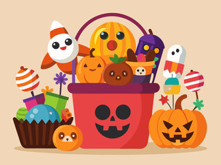 Halloween bucket with sweets. Trick or treat. Pumpkin buckets with candies, cat pack with lollipop, dessert inside skull bag, party ghost basket. Kids treat. Vector set
